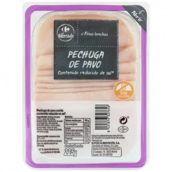 Pechuga de pavo cocida en finas lonchas Carrefour El Mercado sin gluten 225 g - 0.22 kg - Imagen del producto en Findit
