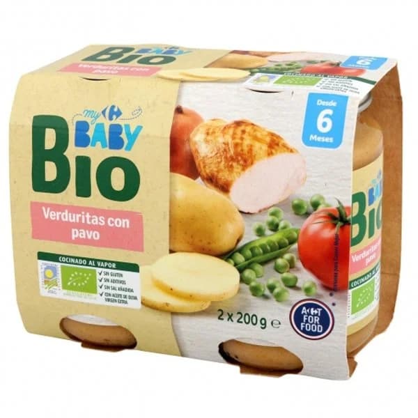 Tarrito de verduritas con pavo desde 6 meses ecológico Carrefour Baby Bio pack de 2 unidades de 200 g - 0.4 kg - Imagen del producto en Findit