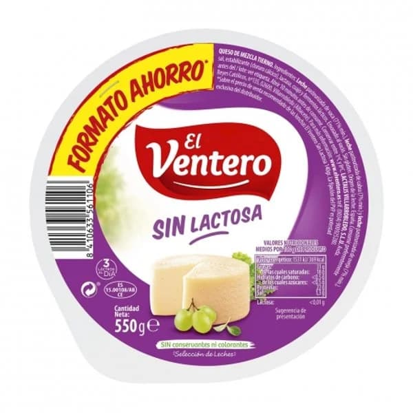 Queso de mezcla tierno El Ventero sin lactosa 550 g - 0.55 kg - Imagen del producto en Findit