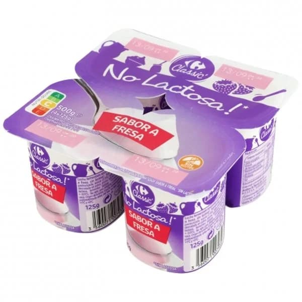 Leche fermentada sabor fresa Carrefour Classic´ sin gluten sin lactosa pack de 4 unidades de 125 g. - 0.5 kg - Imagen del producto en Findit
