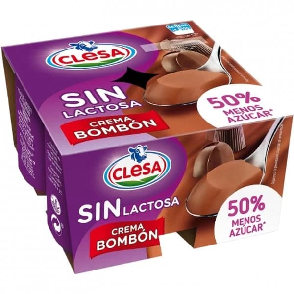 Crema bombón Clesa sin gluten, sin lactosa y 50% menos de azúcar añadido pack de 4 unidades de 125 g. - 0.5 kg - Imagen del producto en Findit