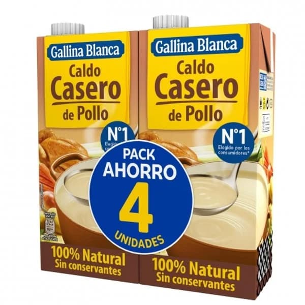 Caldo casero de pollo Gallina Blanca sin gluten pack de 4 brik de 1 l. - 4 l - Imagen del producto en Findit