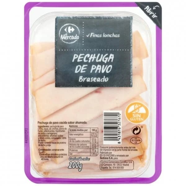 Pechuga de pavo braseado en finas lonchas Carrefour El Mercado sin gluten 200 g - 0.2 kg - Imagen del producto en Findit