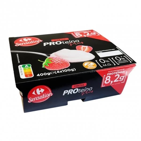 Queso fresco desnatado con fresa sin azúcar añadido proteínas plus Carrefour Sensation sin gluten pack de 4 unidades e 100 g. - 0.4 kg - Imagen del producto en Findit