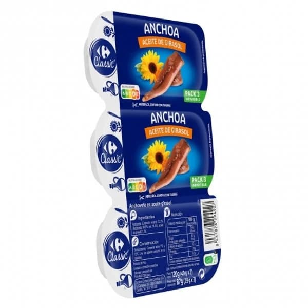 Filetes de anchoa en aceite de girasol Carrefour pack de 3 unidades de 29 g. - 0.09 kg - Imagen del producto en Findit