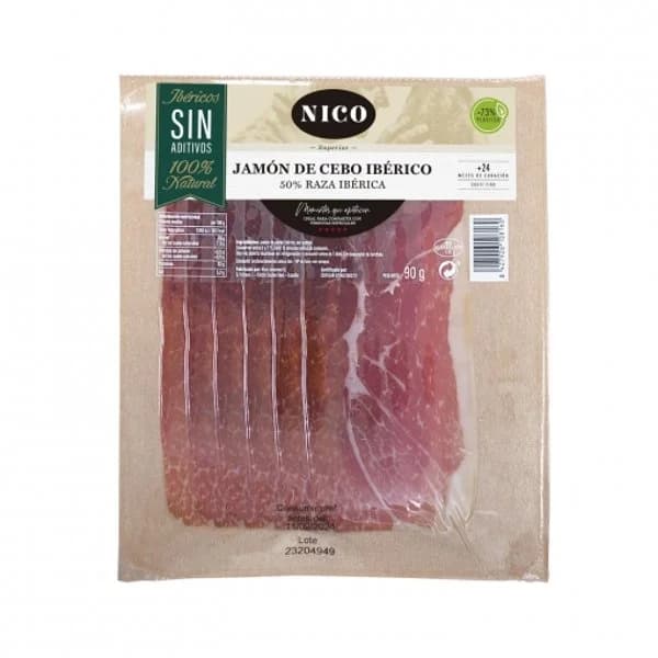 Jamón de Cebo Ibérico 50% Raza Ibérica en lonchas Nico 90 g - 0.09 kg - Imagen del producto en Findit