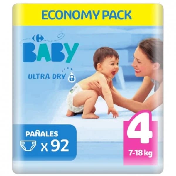 Pañales Carrefour Baby Ultra Dry Talla 4 (7-18 kg) 92 ud. - 88.93 ud - Imagen del producto en Findit