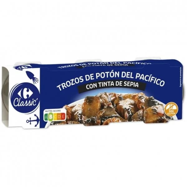 Trozos de potón con tinta de sepia Classic Carrefour sin gluten pack de 3 unidades de 60 g. - 1 ud - Imagen del producto en Findit