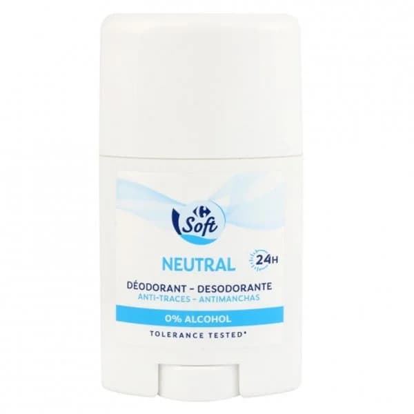 Desodorante stick antimanchas 0% alcohol neutral 24h Carrefour Soft 75 ml. - 0.05 l - Imagen del producto en Findit