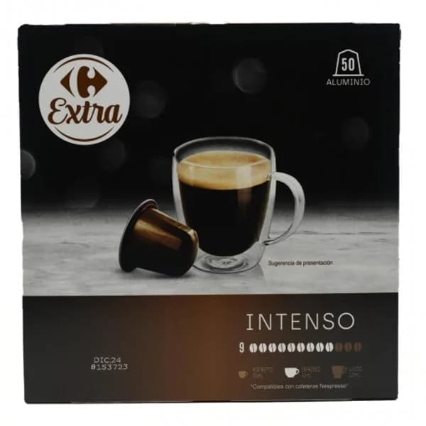 Café cápsulas intenso Carrefour Extra compatible con Nespresso pack de 50 unidades de 5,2 g. - 49.95 ud - Imagen del producto en Findit