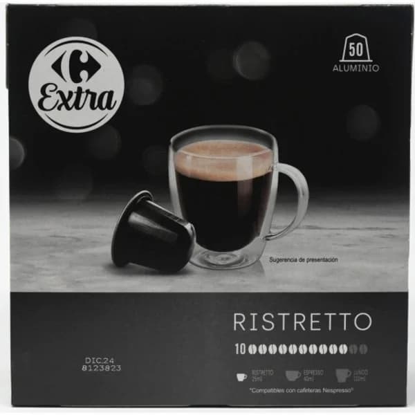 Café cápsulas ristretto Carrefour Extra compatible con Nespresso pack de 50 unidades de 5,2 g. - 49.95 ud - Imagen del producto en Findit