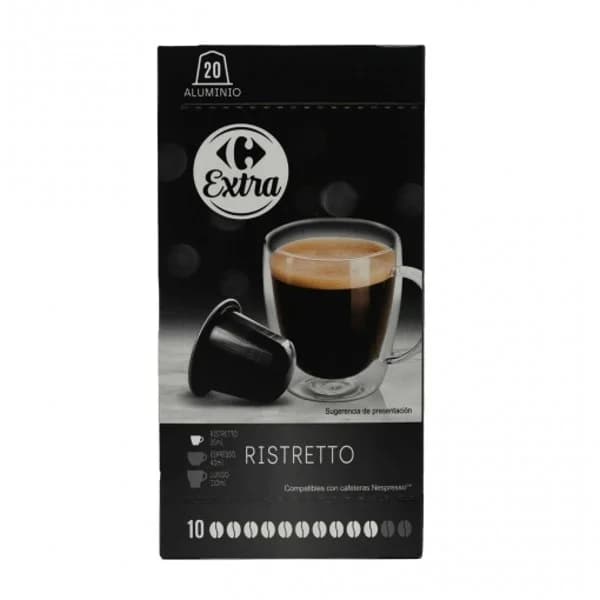 Café ristretto en cápsulas Carrefour Extra compatibles con Nespresso pack de 20 unidades de 5,2 g. - 19.95 ud - Imagen del producto en Findit
