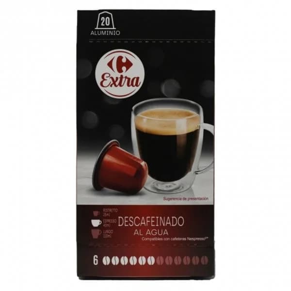 Café descafeinado en cápsulas Carrefour Extra compatible con Nespresso pack de 20 unidades de 5,2 g. - 19.95 ud - Imagen del producto en Findit