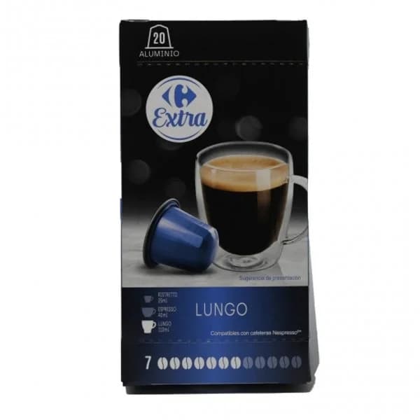 Café lungo en cápsulas Carrefour Extra compatible con Nespresso pack de 20 unidades de 5,2 g. - 19.95 ud - Imagen del producto en Findit