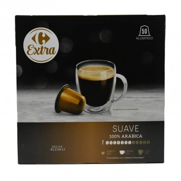 Café cápsulas suave Carrefour Extra compatible con Nespresso 50 unidades de 5,2 g. - 49.95 ud - Imagen del producto en Findit