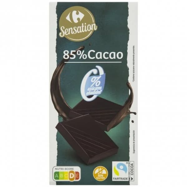 Chocolate negro 85% cacao Carrefour Sensation sin gluten y sin azúcar añadido 100 g. - 0.1 kg - Imagen del producto en Findit
