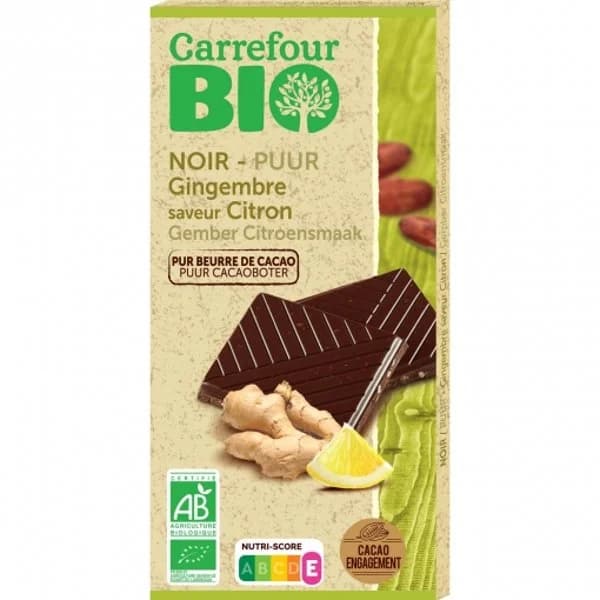 Chocolate negro con aceite esencial de limón y pepitas de jengibre confitadas ecológico Carrefour Bio 100 g. - 0.1 kg - Imagen del producto en Findit