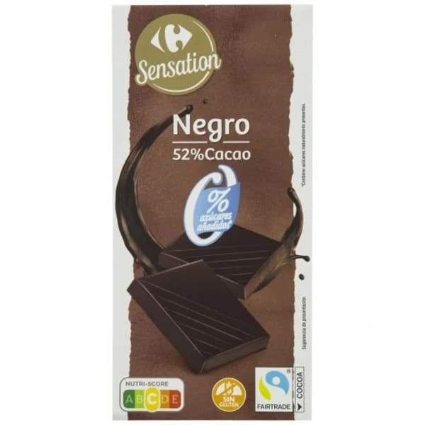 Chocolate negro 52% cacao Carrefour Sensation sin gluten y sin azúcar añadido 125 g. - 0.13 kg - Imagen del producto en Findit