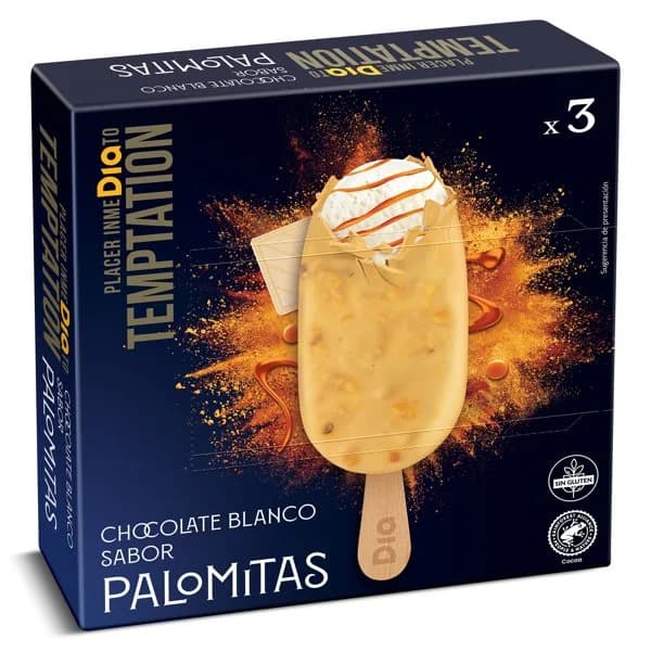 Helado bombón chocolate blanco con palomitas 3 unidades Temptation de Dia estuche 195 g - 1 ud - Imagen del producto en Findit