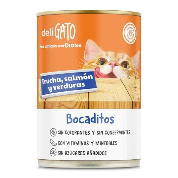 Alimento para gatos bocaditos con trucha, salmón y verduras Deligato Dia lata 400 g - 0.4 kg - Imagen del producto en Findit