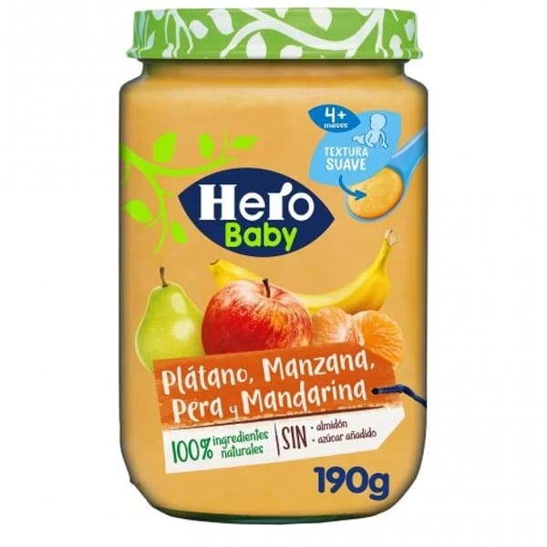 Tarrito de plátano, manzana, pera y mandarina desde 4 meses Hero Baby sin gluten y sin azúcar añadido 190 g. - 1 ud - Imagen del producto en Findit
