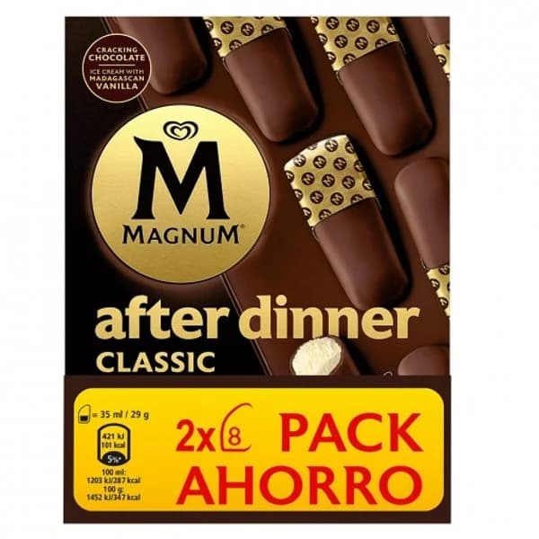 Bombón helado sabor vainilla con chocolate con leche After Dinner Classic Magnum sin gluten duplo 8 ud. - 16.02 ud - Imagen del producto en Findit