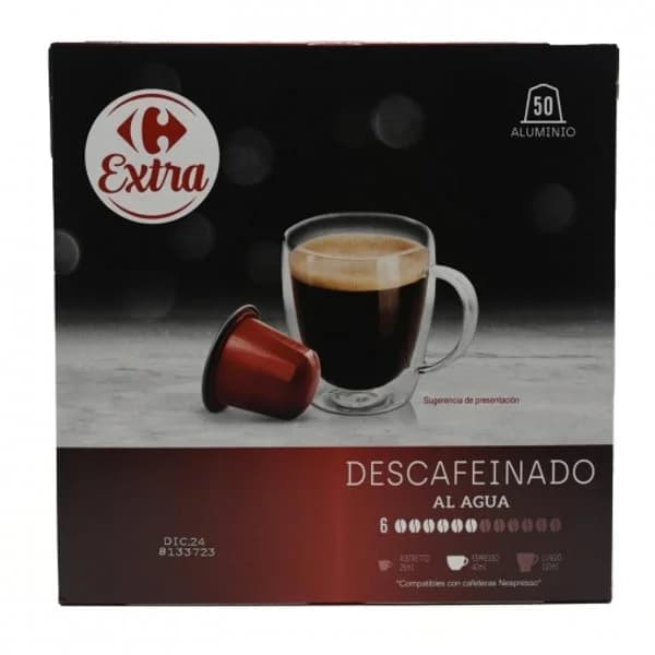 Café descafeinado en cápsulas Carrefour Extra compatible con Nespresso pack de 50 unidades de 5,2 g. - 49.95 ud - Imagen del producto en Findit