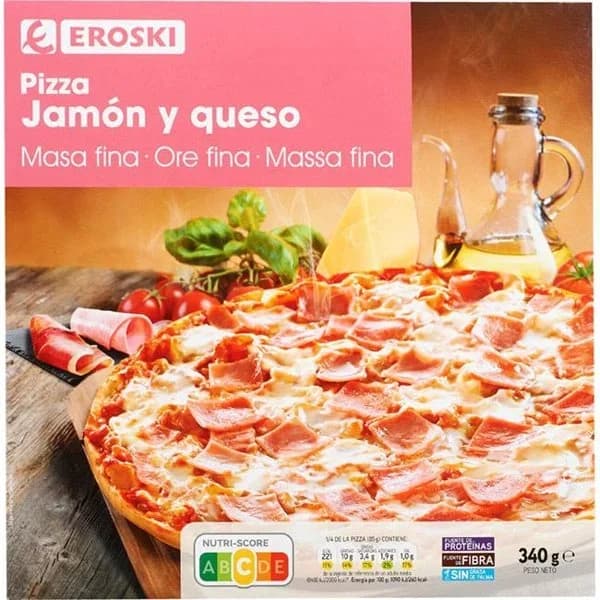 Pizza masa fina de jamón-queso EROSKI, caja 340 g - 0.34 kg - Imagen del producto en Findit