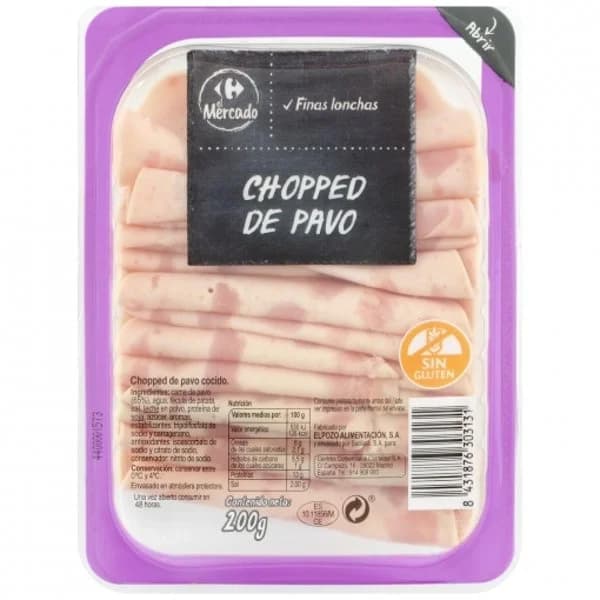 Chopped de Pavo en finas lonchas Carrefour El Mercado sin gluten 200 g - 0.2 kg - Imagen del producto en Findit