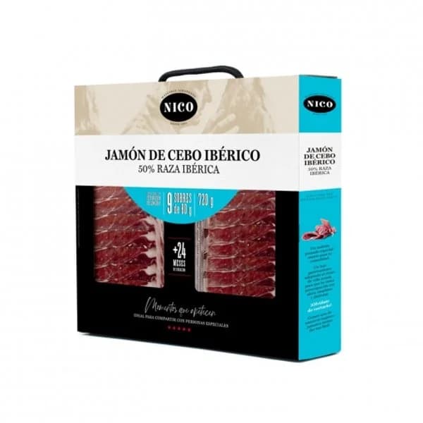 Maletín de Jamón de Cebo Ibérico 50% Raza Ibérica en lonchas Nico 9 sobres de 80 g - 0.72 kg - Imagen del producto en Findit