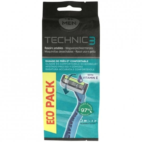 Maquinillas desechables para hombres 3 hojas Technic3 Carrefour Men 12 ud. - 1 ud - Imagen del producto en Findit