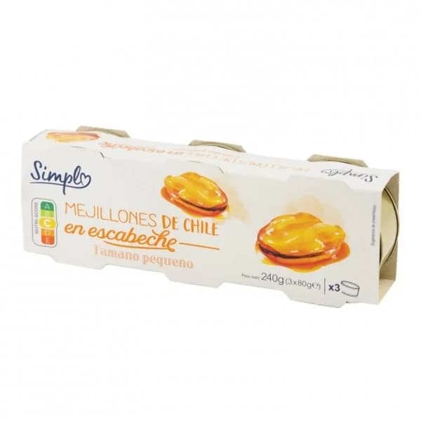 Mejillones de Chile en escabeche 14/20 Simpl sin gluten pack de 3 unidades de 43 g. - 0.13 kg - Imagen del producto en Findit