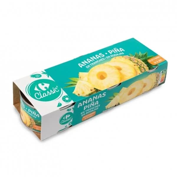 Piña en rodajas en su jugo Classic Carrefour pack de 3 unidades de 140 g. - 0.42 kg - Imagen del producto en Findit