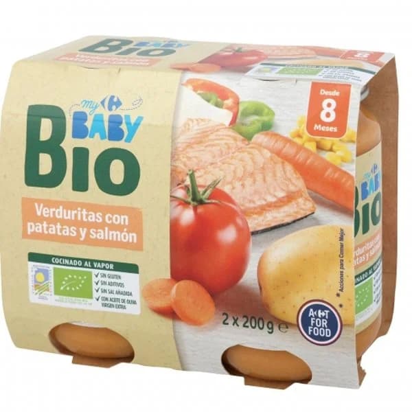 Tarrito de verduritas con papata y salmón desde 8 meses ecológico Carrefour Baby Bio sin gluten pack de 2 unidades de 200 g. - 0.4 kg - Imagen del producto en Findit