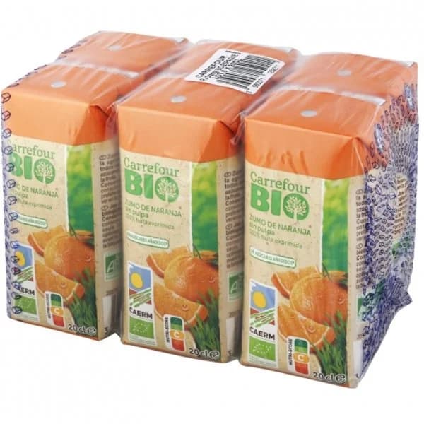 Zumo de naranja Carrefour ecológico exprimido sin pulpa pack de 6 briks 20 cl. - 1.2 l - Imagen del producto en Findit