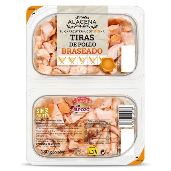 Tiras de pollo braseado Nuestra Alacena de Dia bandeja 2 x 65 g - 0.13 kg - Imagen del producto en Findit