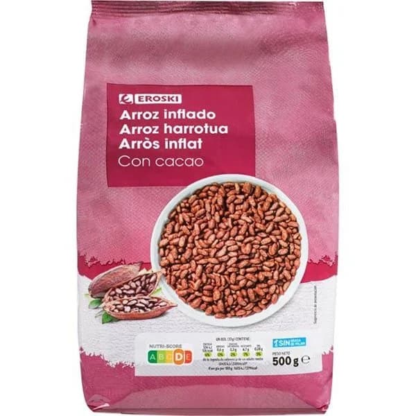 Cereales de arroz inflado con cacao EROSKI, bolsa 500 g - 1 ud - Imagen del producto en Findit