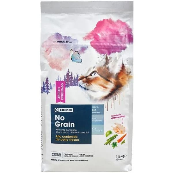 Alimento para gato esterilizado no grain EROSKI, saco 1,5 kg - 1 ud - Imagen del producto en Findit