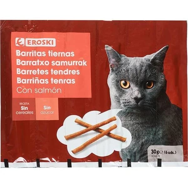 Barrita con salmón  para gato EROSKI, paquete 30 g - 1 ud - Imagen del producto en Findit