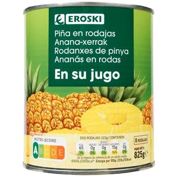 Piña en rodajas en su jugo EROSKI, lata 490 g - 0.49 kg - Imagen del producto en Findit