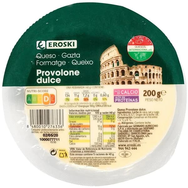 Queso Provolone Dolce EROSKI, tarrina 200 g - 0.2 kg - Imagen del producto en Findit
