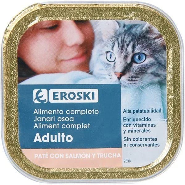 Paté de salmón para gato EROSKI, lata 100 g - 1 ud - Imagen del producto en Findit