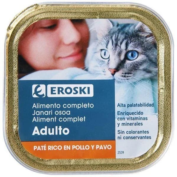 Paté de pollo para gato EROSKI, lata 100 g - 1 ud - Imagen del producto en Findit