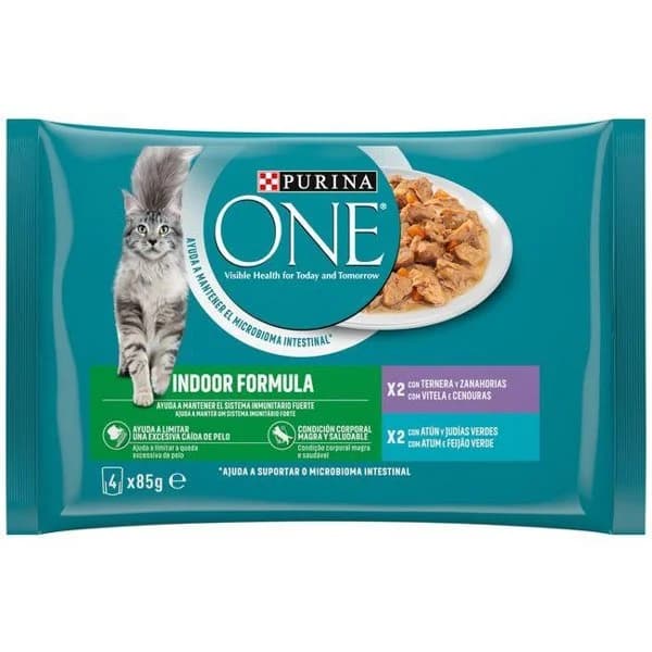 Alimento de ternera-atún gato indoor PURINA One, pack 4x85 g - 1 ud - Imagen del producto en Findit