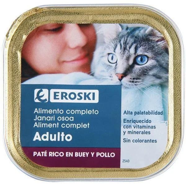 Paté de buey para gato EROSKI, lata 100 g - 1 ud - Imagen del producto en Findit