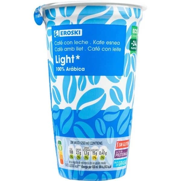 Café light EROSKI, vaso 250 ml - 1 ud - Imagen del producto en Findit