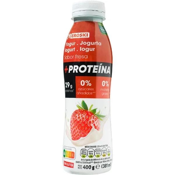 Yogur líquido 0% proteínas fresa EROSKI, botella 400 g - 1 ud - Imagen del producto en Findit