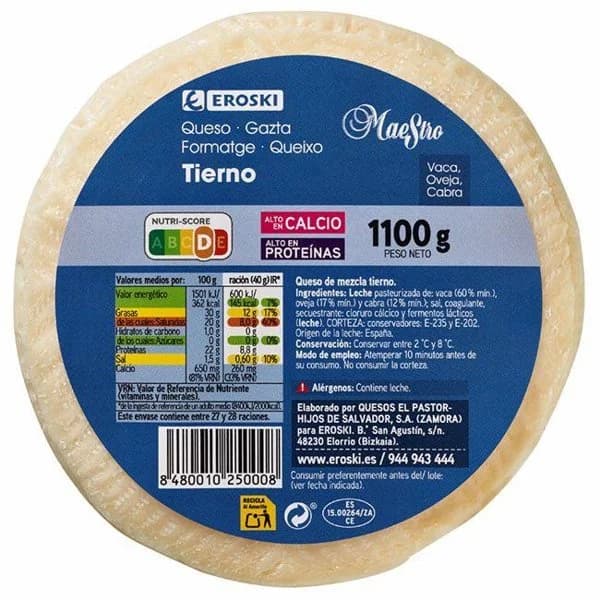 Queso tierno mezcla mini EROSKI, pieza 1,100 kg - 1 ud - Imagen del producto en Findit