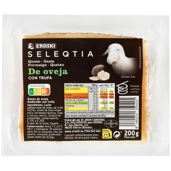 Queso de oveja con trufa EROSKI SELEQTIA, cuña 200 g - 1 ud - Imagen del producto en Findit