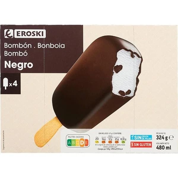 Helado bombón negro grande EROSKI, pack 4x120 ml - 0.48 l - Imagen del producto en Findit
